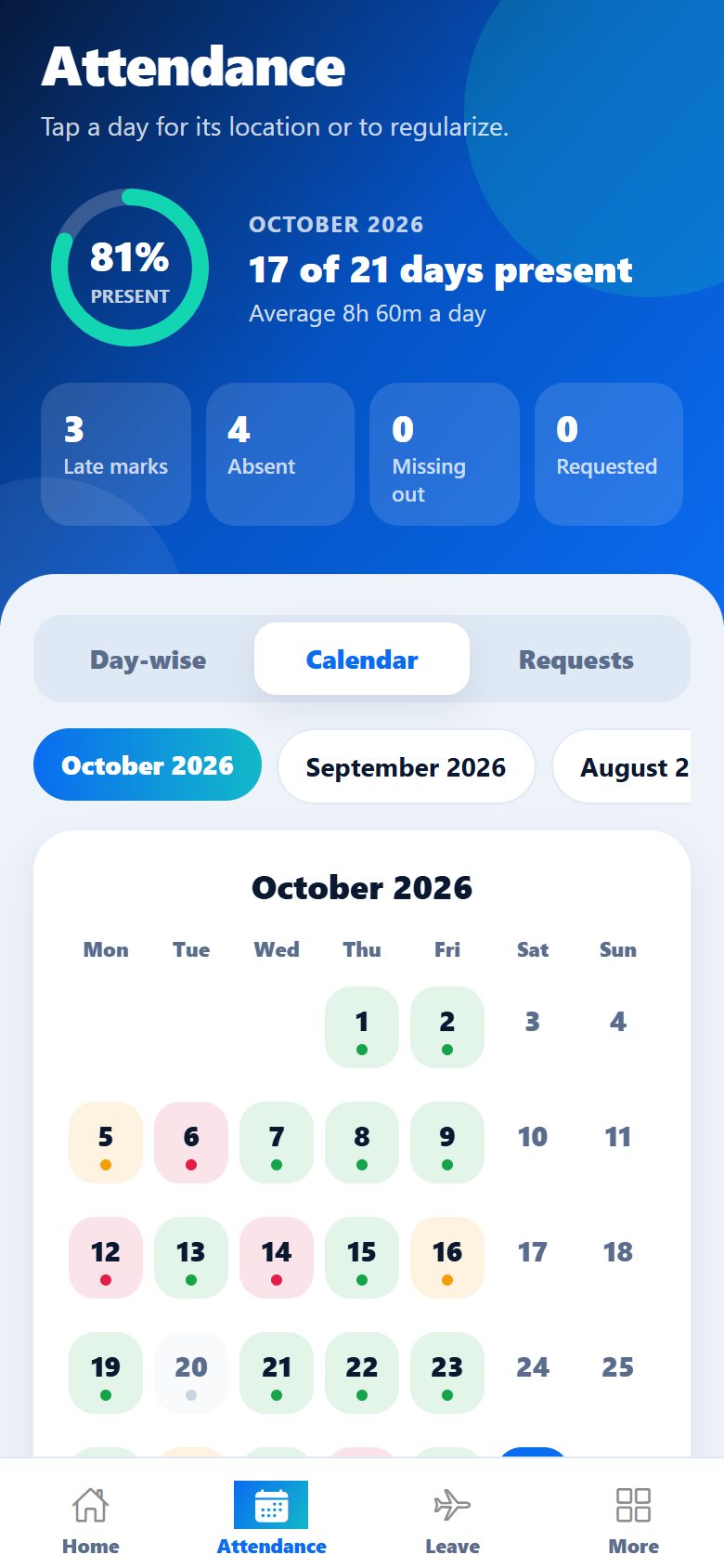 The Attendance screen in calendar view with the share of days present, late marks and absences, and each day coloured by what it counted as