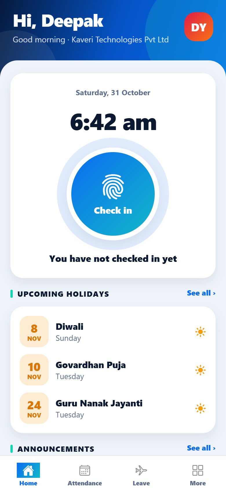 The Home screen of the mobile app with a large Check in button, the time, upcoming holidays and announcements