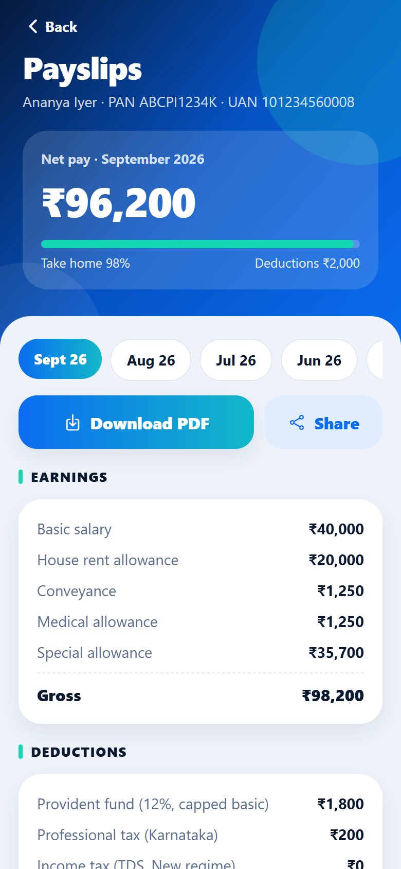 The Payslips screen with the net pay, a month picker, Download PDF and Share buttons, and the earnings and deductions