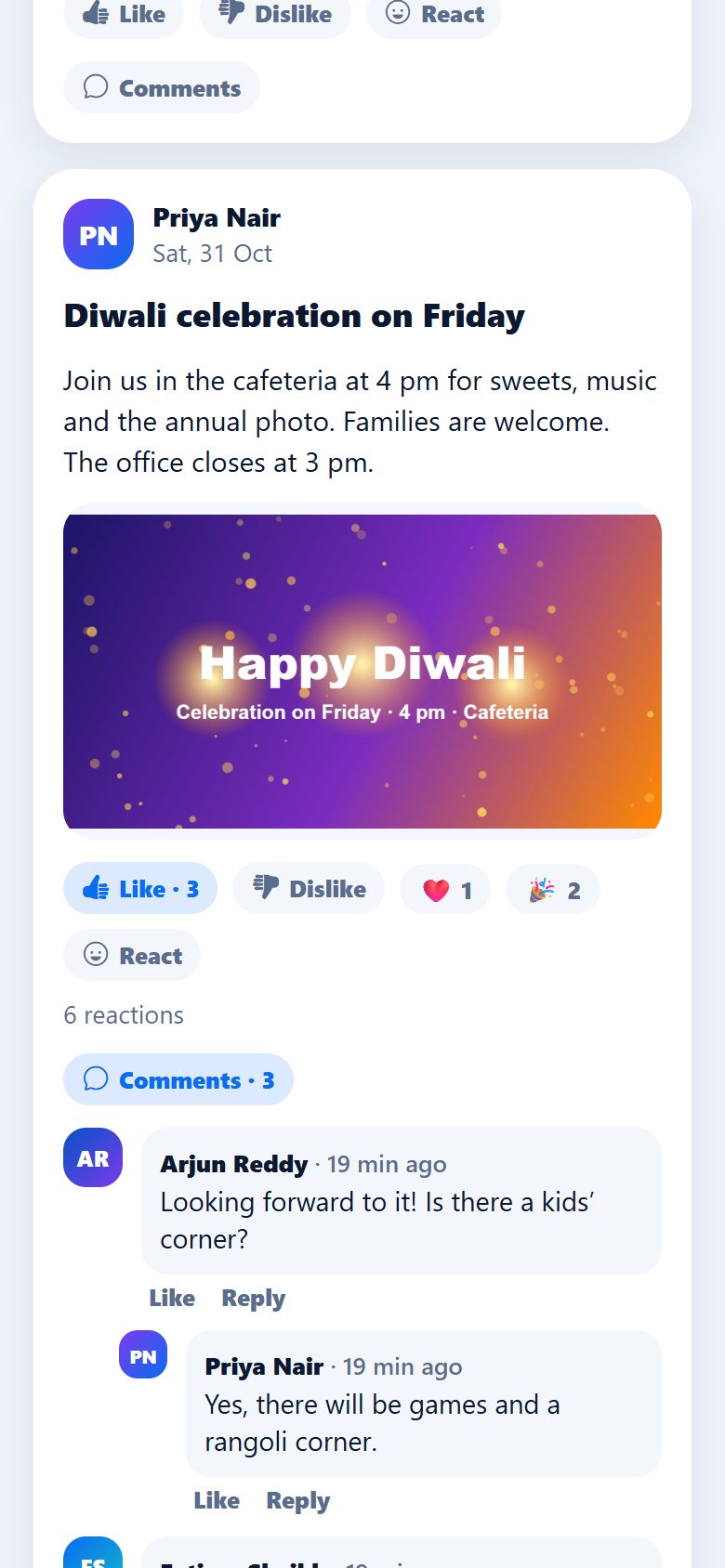 An announcement with a photo, reactions, and a comment with a reply under it