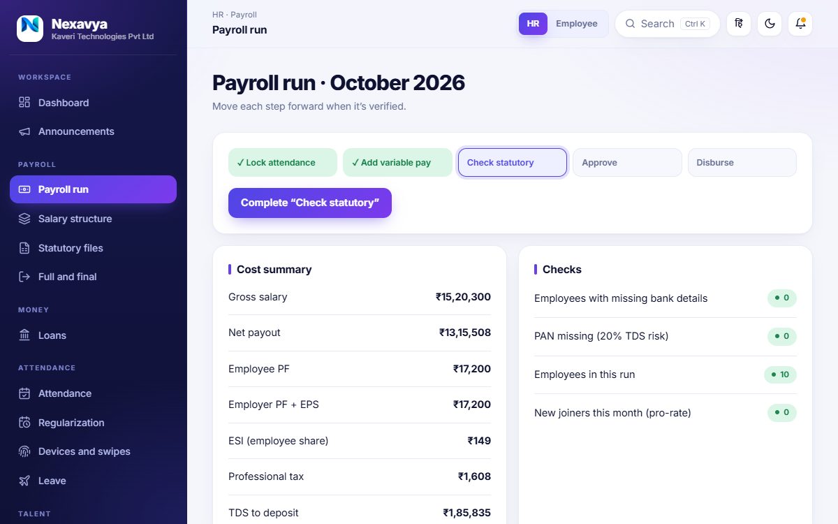 The payroll run screen with steps, a cost summary and checks