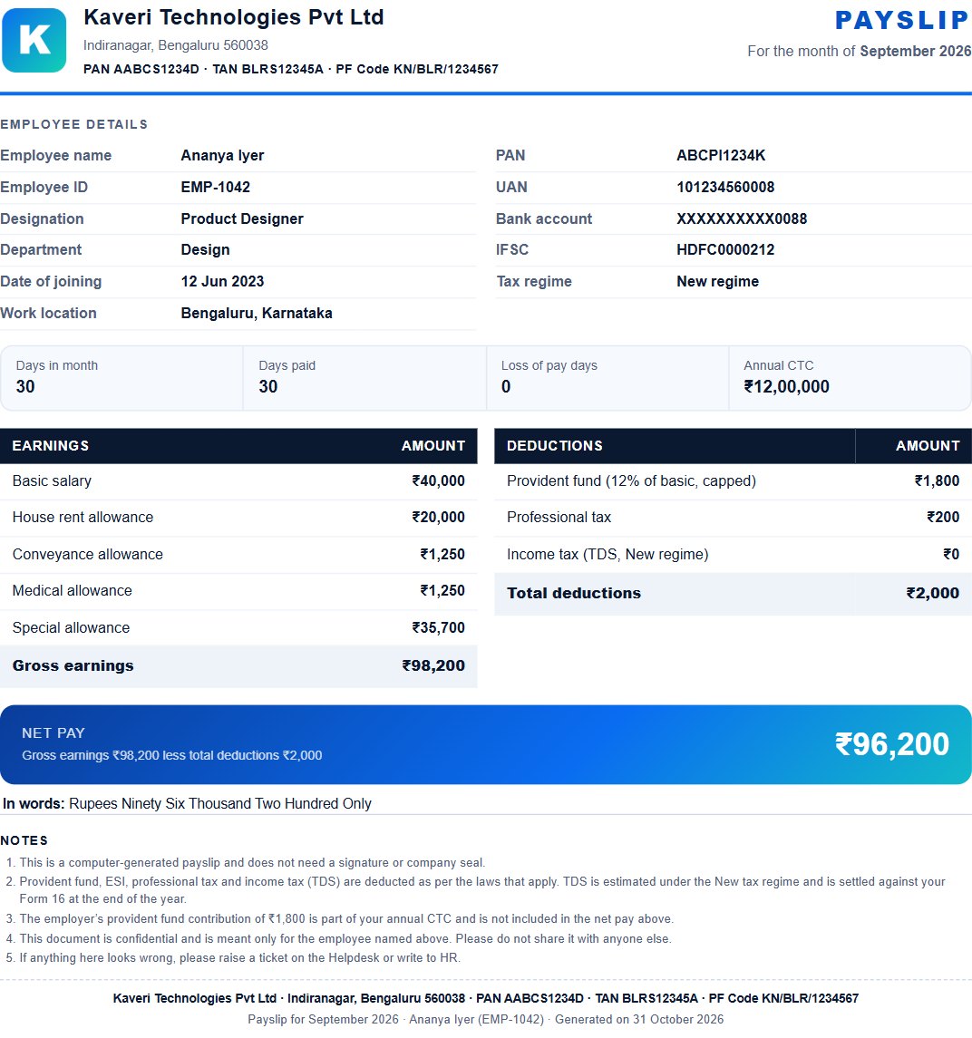 A payslip as a one-page PDF with the company letterhead and logo, employee details, earnings and deductions side by side, net pay in words and notes at the bottom